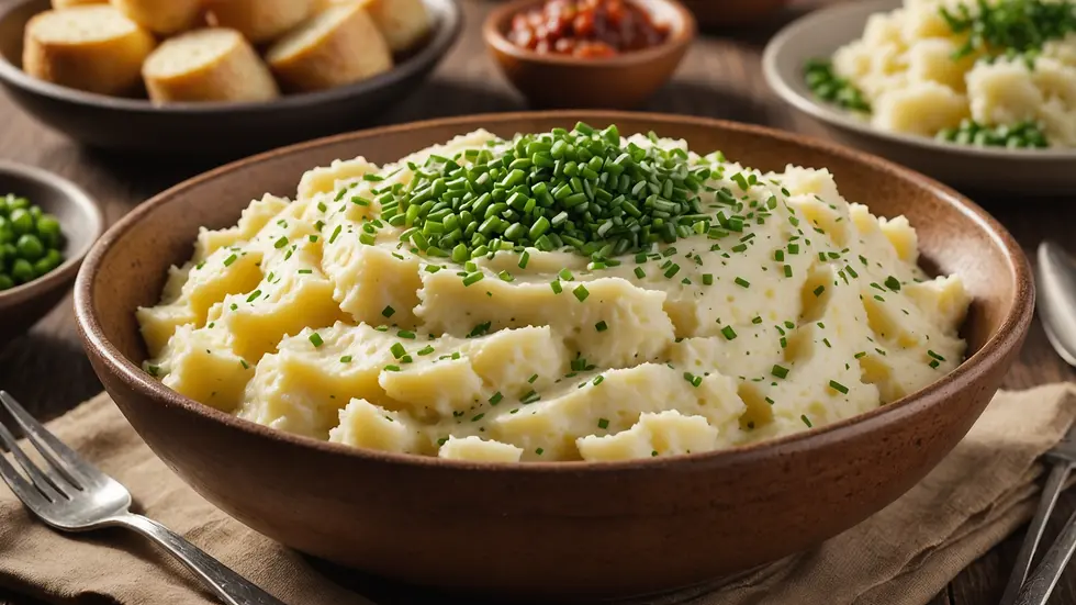 A bowl of creamy mashed potatoes topped with chives