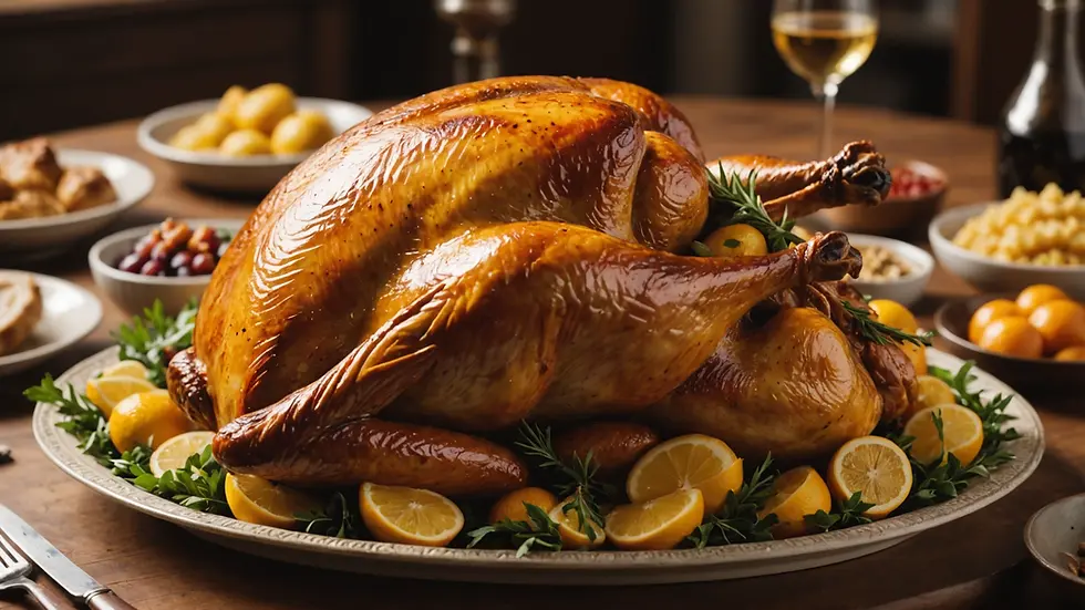 A golden-browned turkey resting on a platter