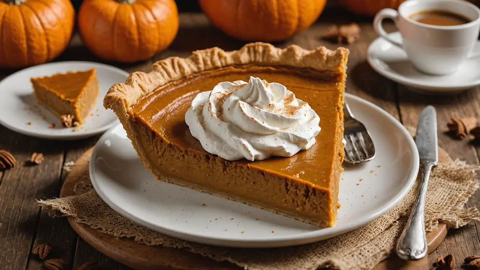 A slice of homemade pumpkin pie with whipped cream