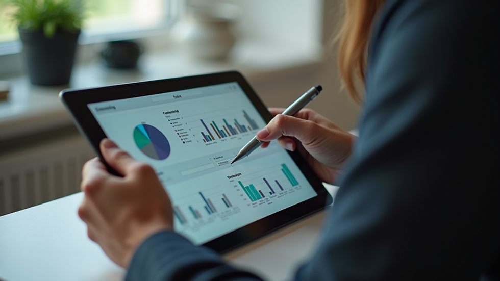 Close-up view of a person analyzing marketing strategy on a digital tablet