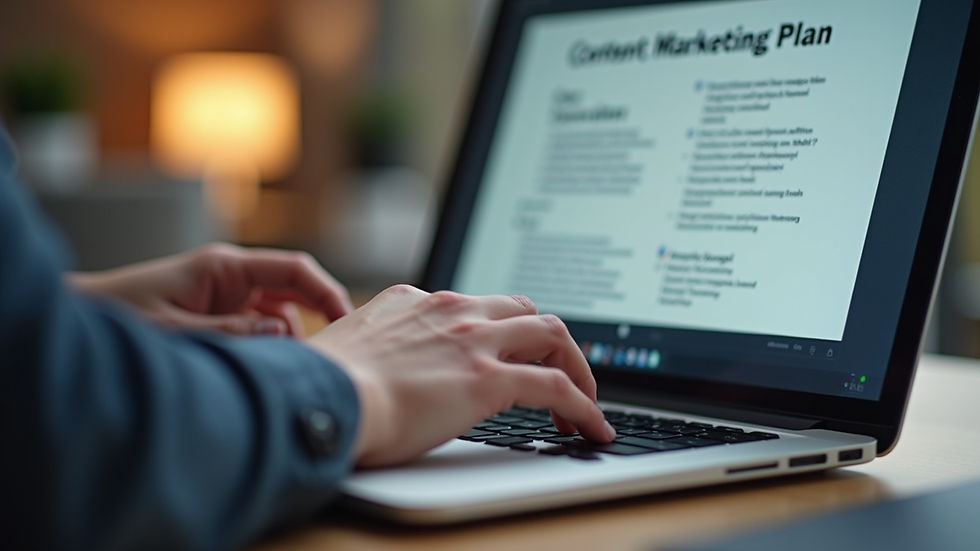 Close-up view of a person typing on a laptop with a content marketing plan on screen