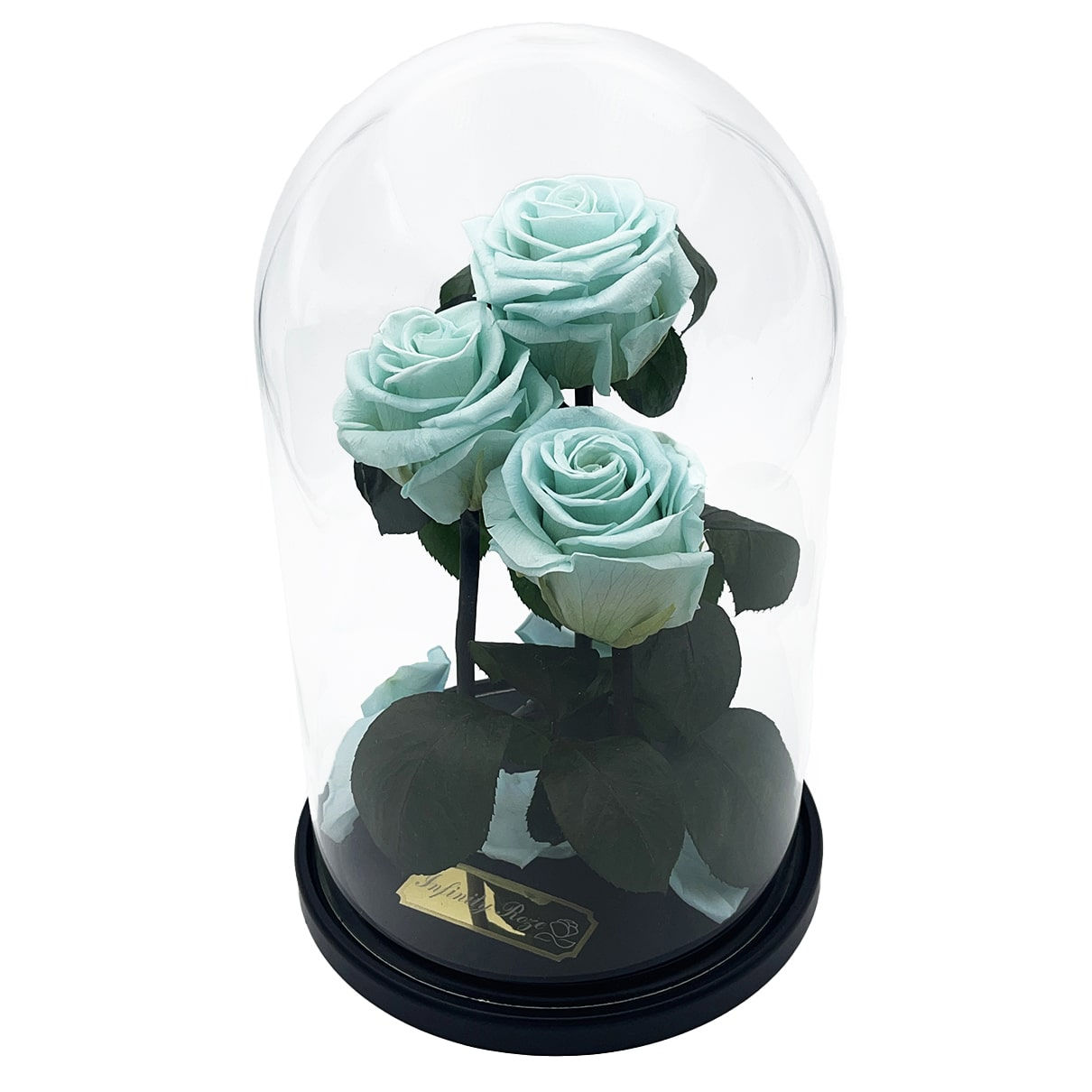 Light blue bouquet of roses in flask