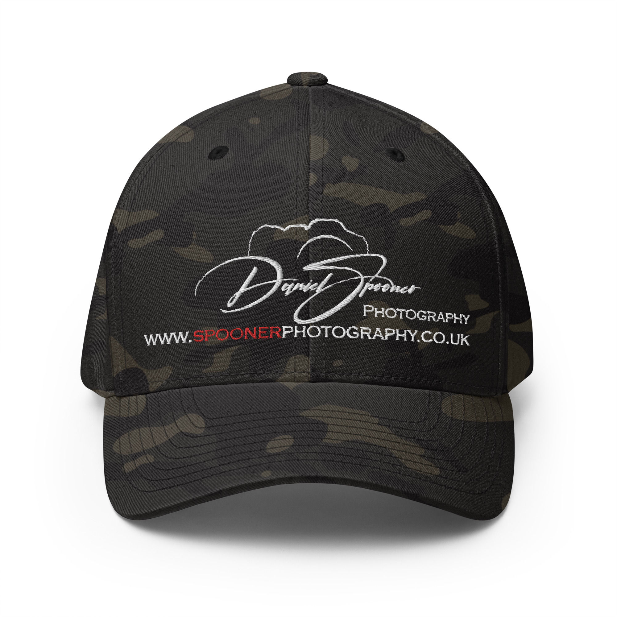 Spooner Photography Flexfit 6277 Cap White Logo, Dark Camo Front view