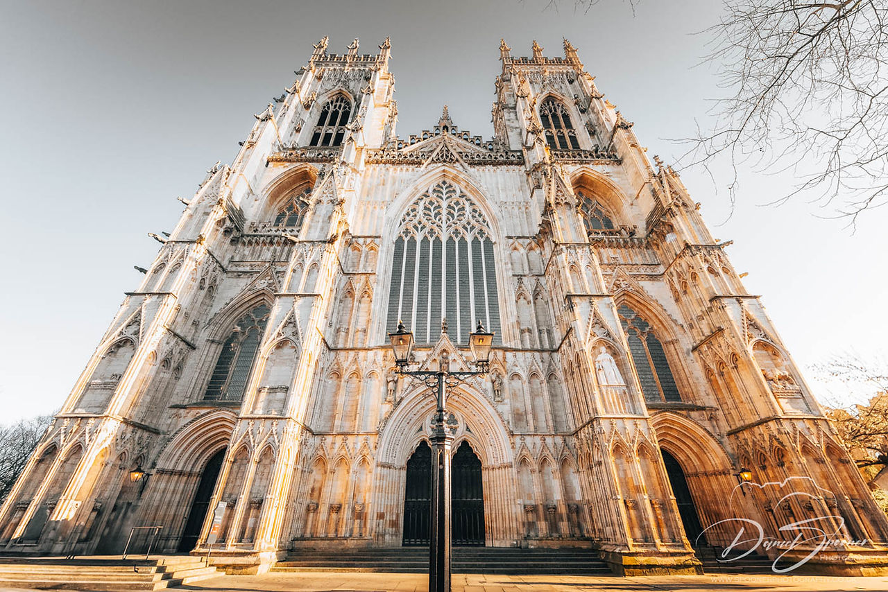 York Minster Front View Wide angle lens with lampost in foreground