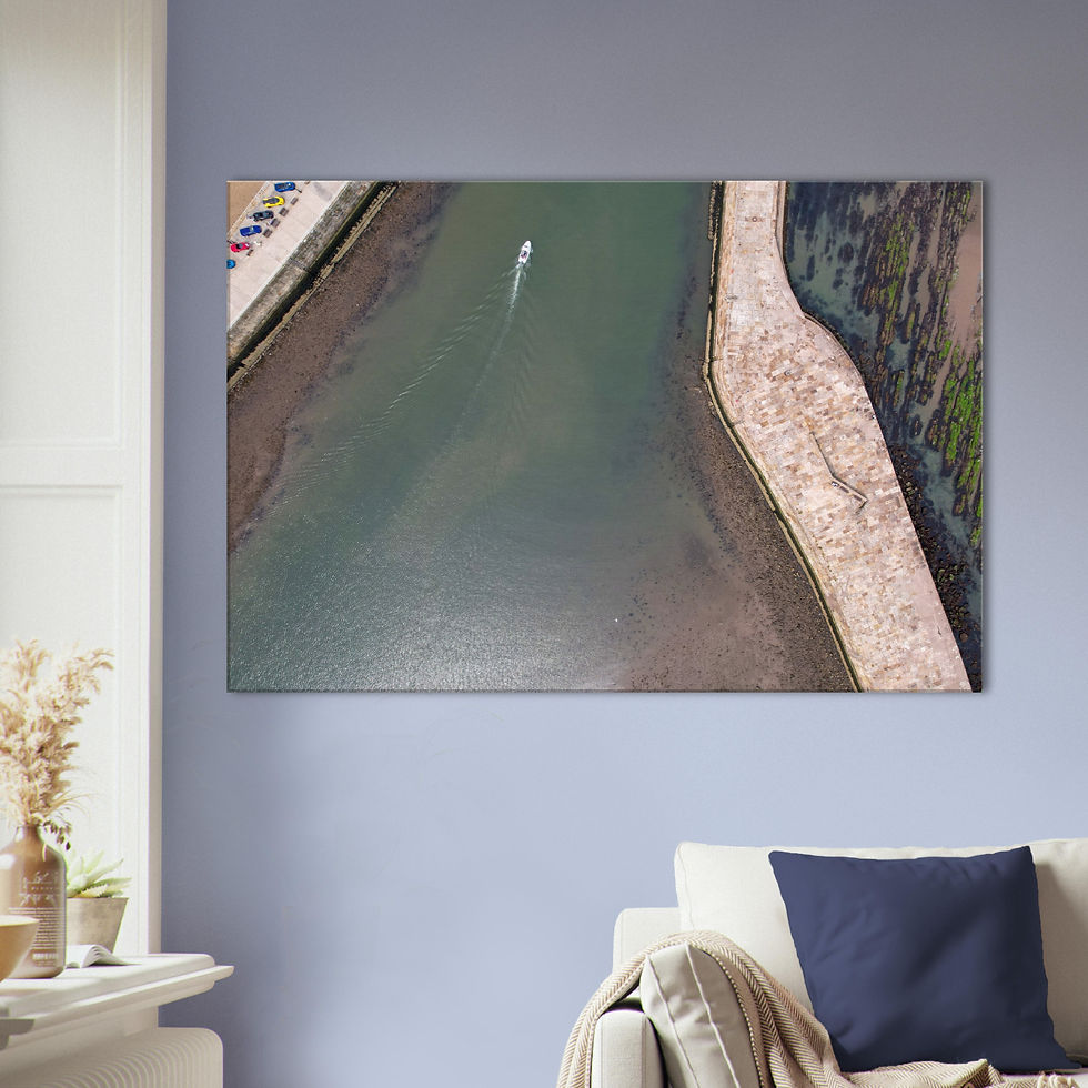 Thumbnail: D003 - Whitby Bay & Supercars Canvas Displayed on Blue Wall