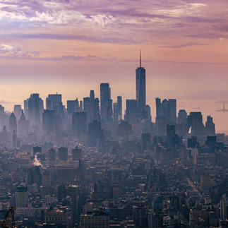 New York Financial District, Purple hazed clouds, NYC Skyline Landscape