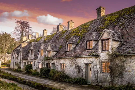 Tranquil Village of Bibury with sunset, view of cottage up close