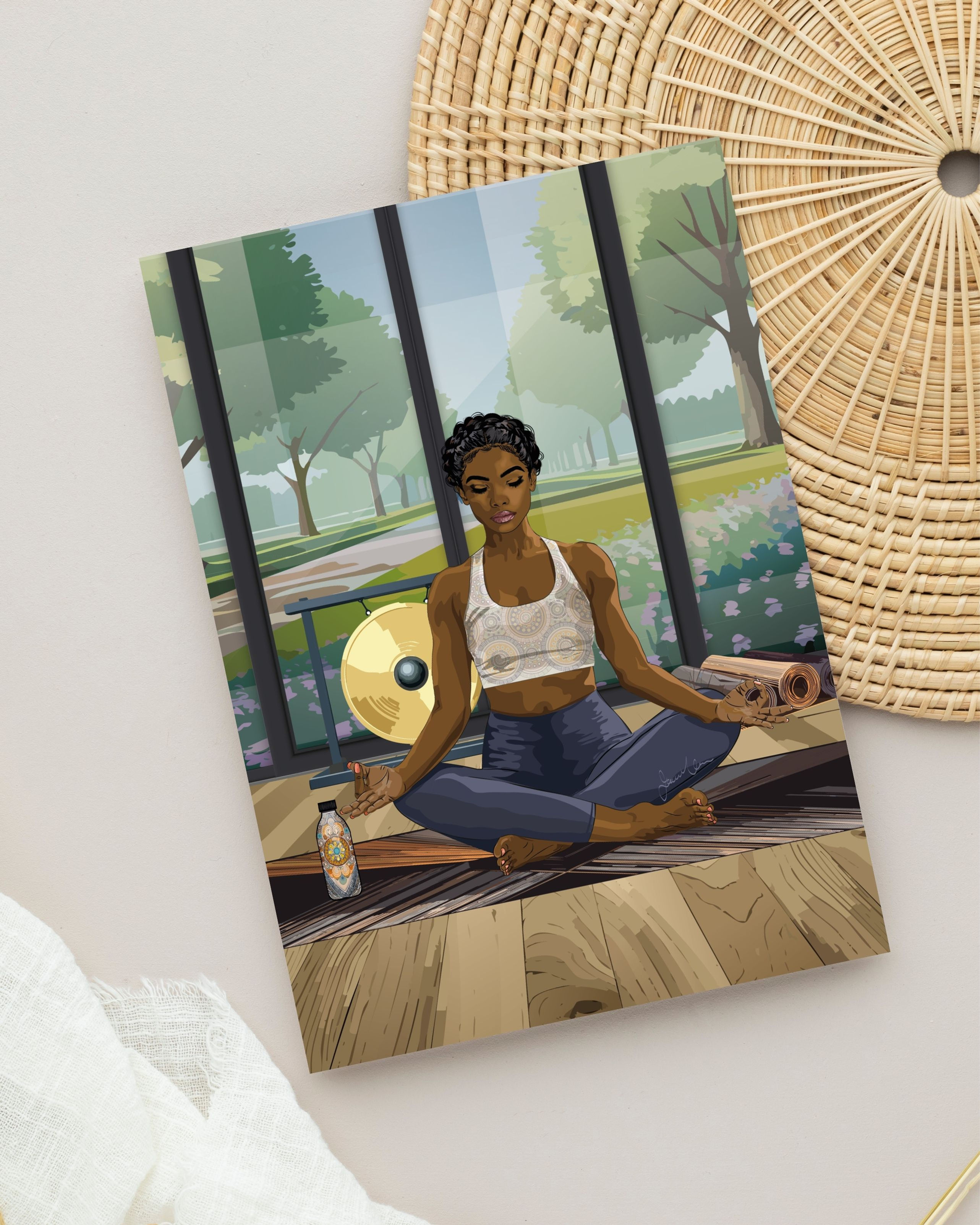 Greeting card featuring: black woman meditating cross-legged in a peaceful wellness studio.