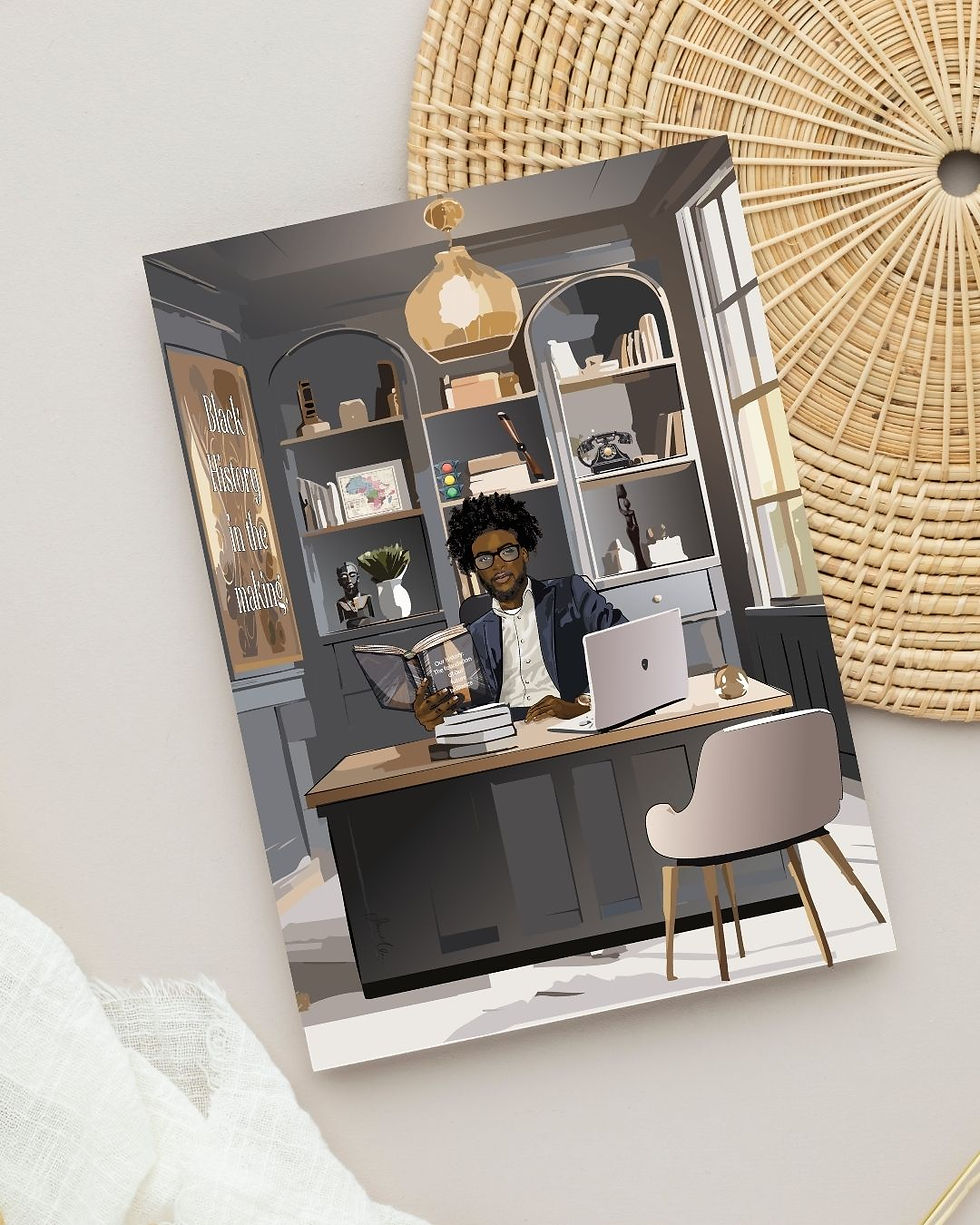 Black greeting card for him, filled with symbolic references to black innovation and pride.