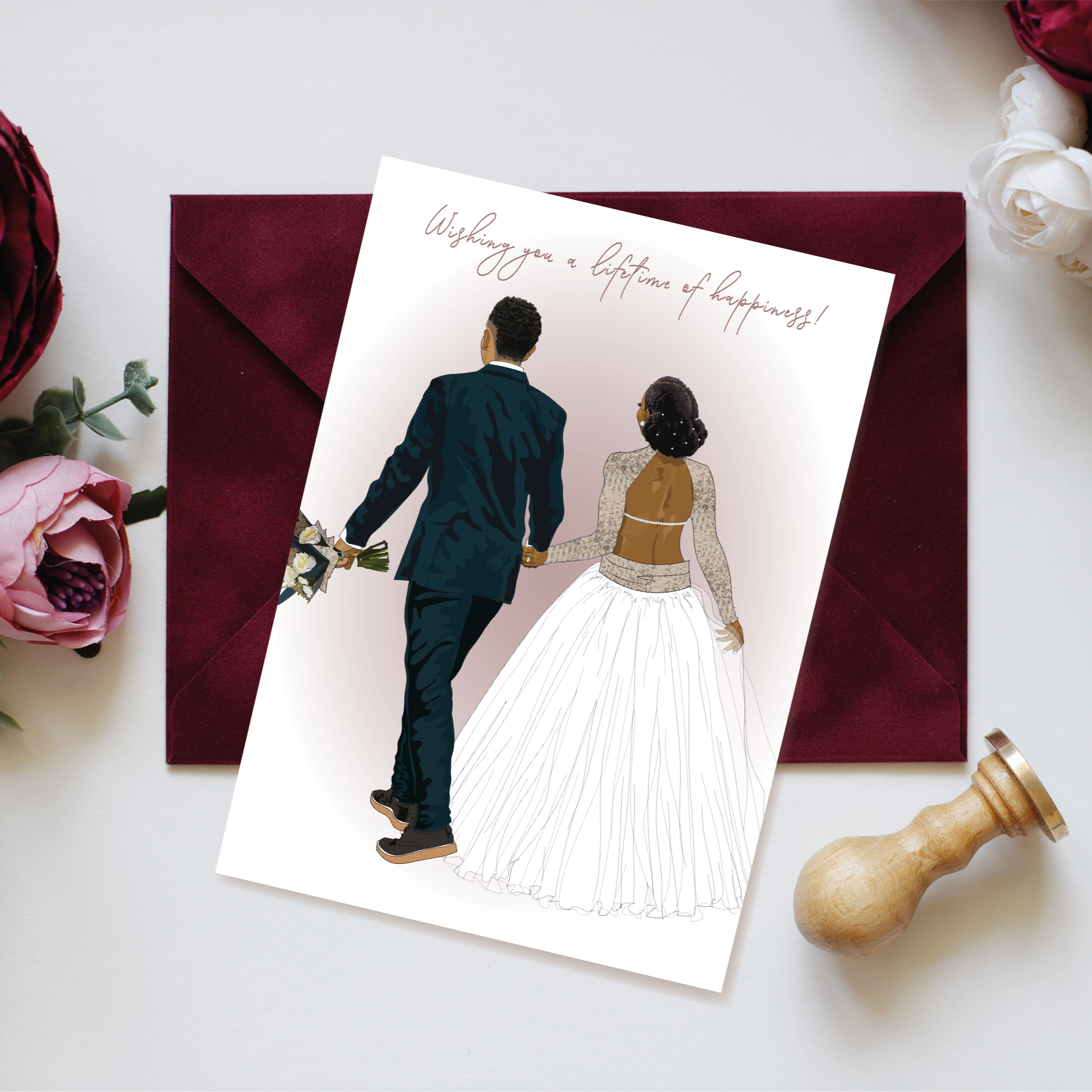 black bride and groom wedding card front cover.