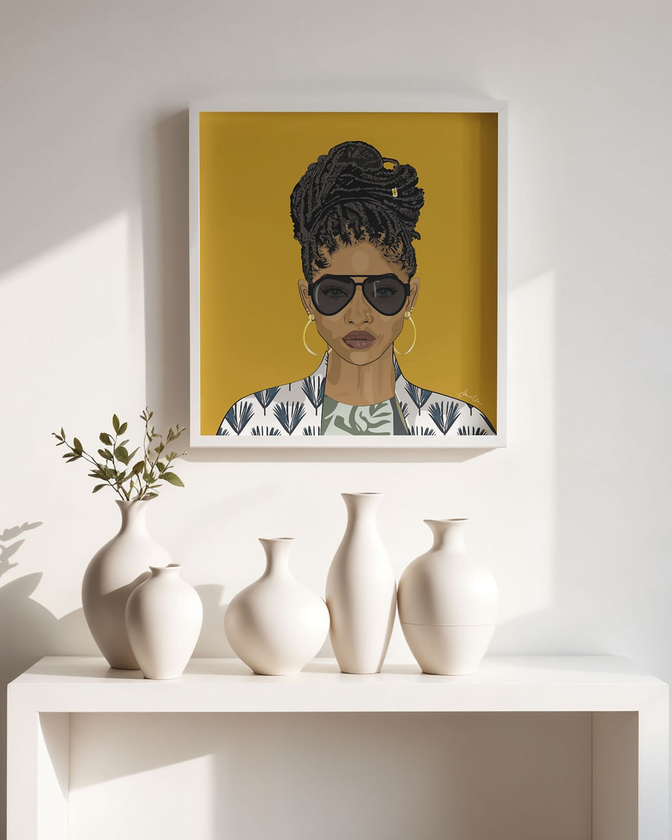 Unapologetically ochre black woman art print displayed on white wall.