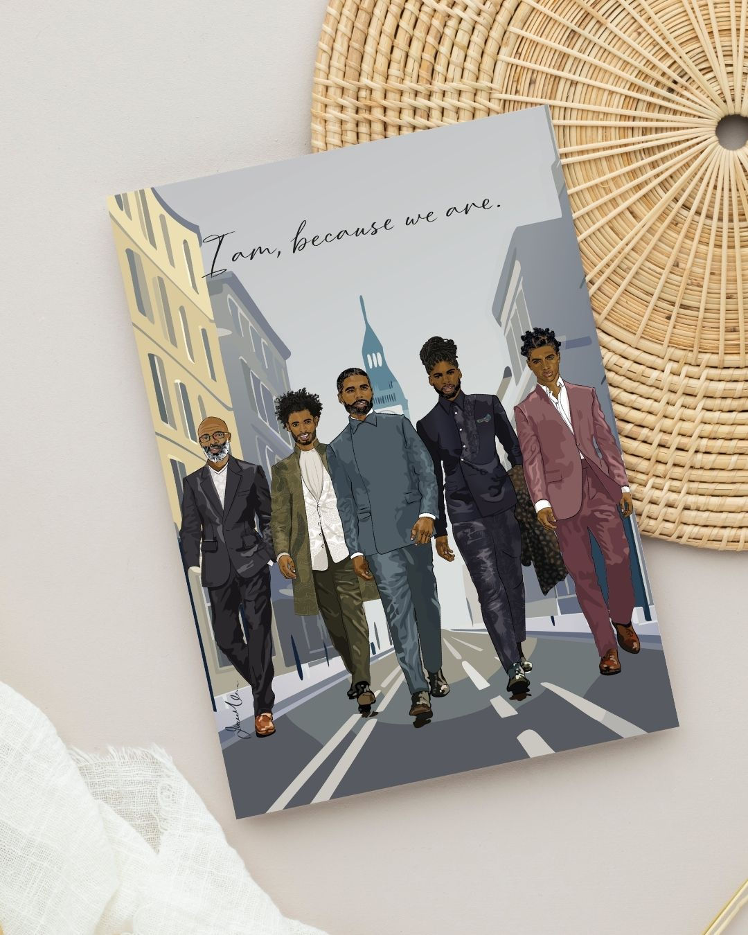 Five stylish Black men walking confidently through a city street greeting card.
