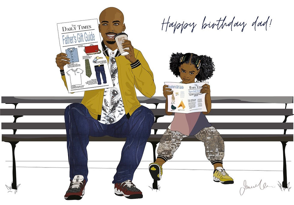 Birthday card for dad showing father and daughter sat on a bench. Father is sipping a hot beverage, reading the Daily Times Gift Guide for dads, while his daughter sits and reads her magazine Gift Guide for children. Caption reads, "Happy birthday dad!"