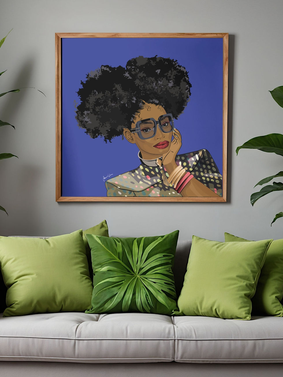Reflect Black woman art print hanging on a grey wall over green sofa.