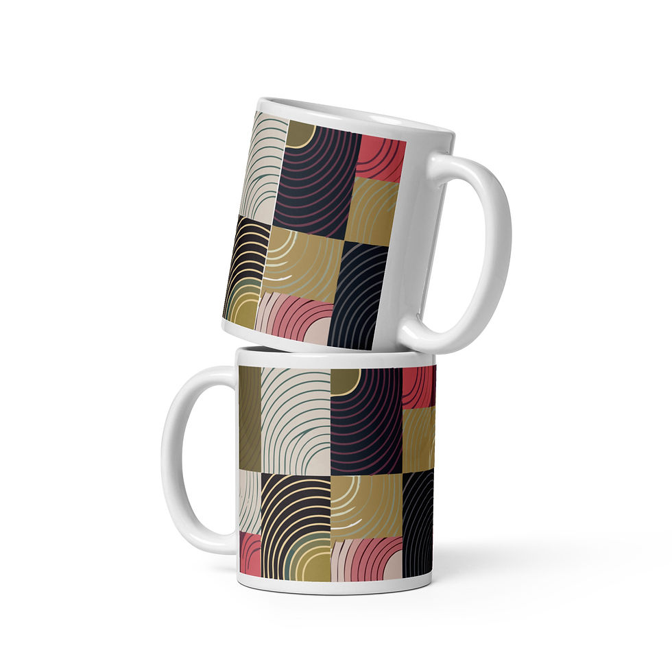 Intersect geometric pattern printed on an 11oz ceramic mugs stacked