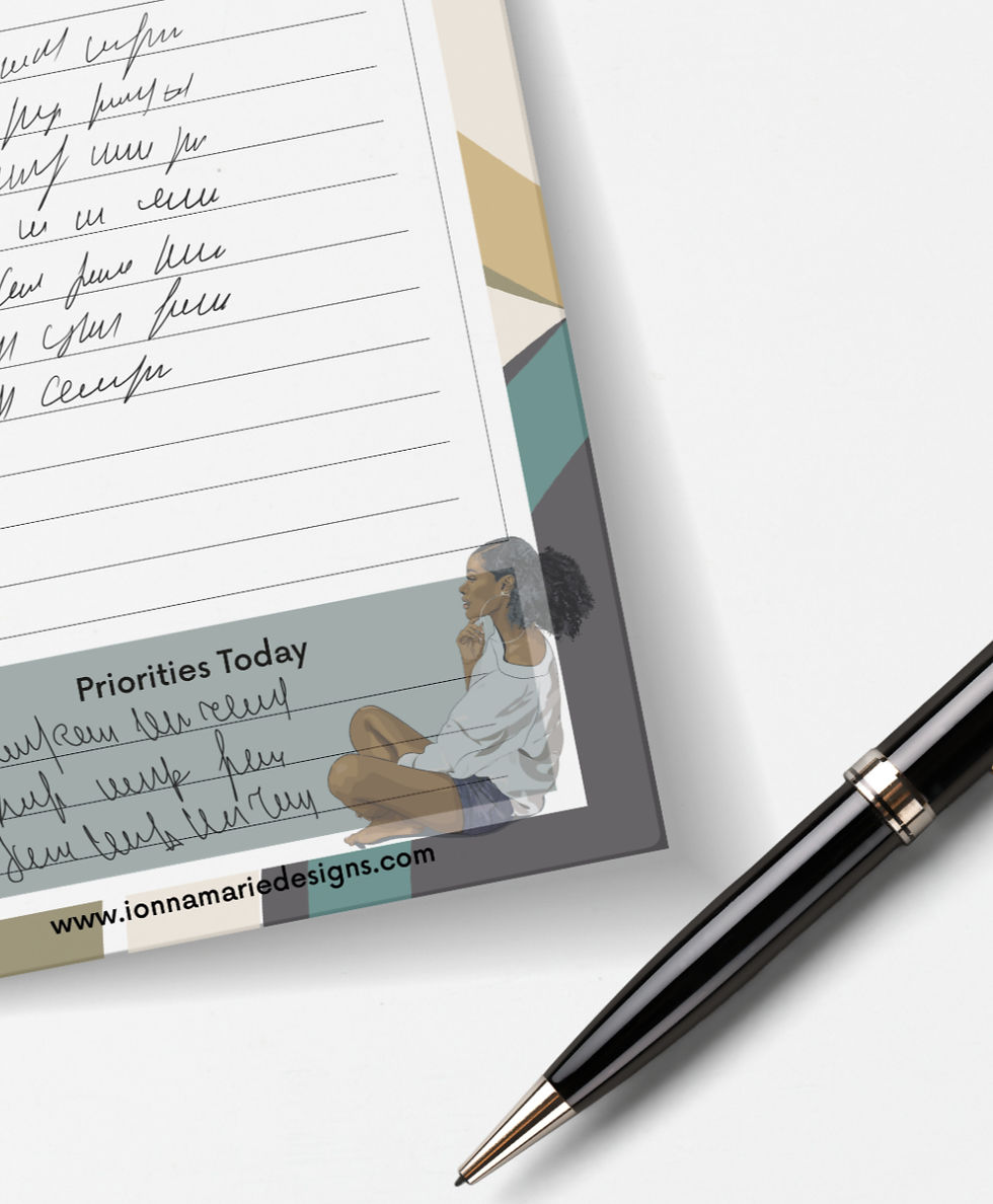 Thumbnail: Close up of illustration featured on the Serenity A5 to do list notepad on a modern desk workspace.