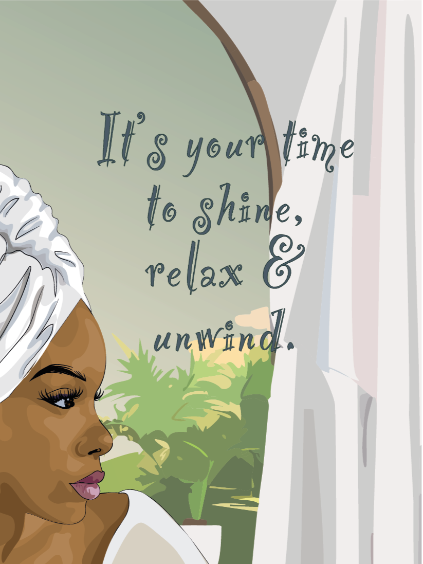 Close-up of card cover text reads: "It's your time to shine, relax and unwind."