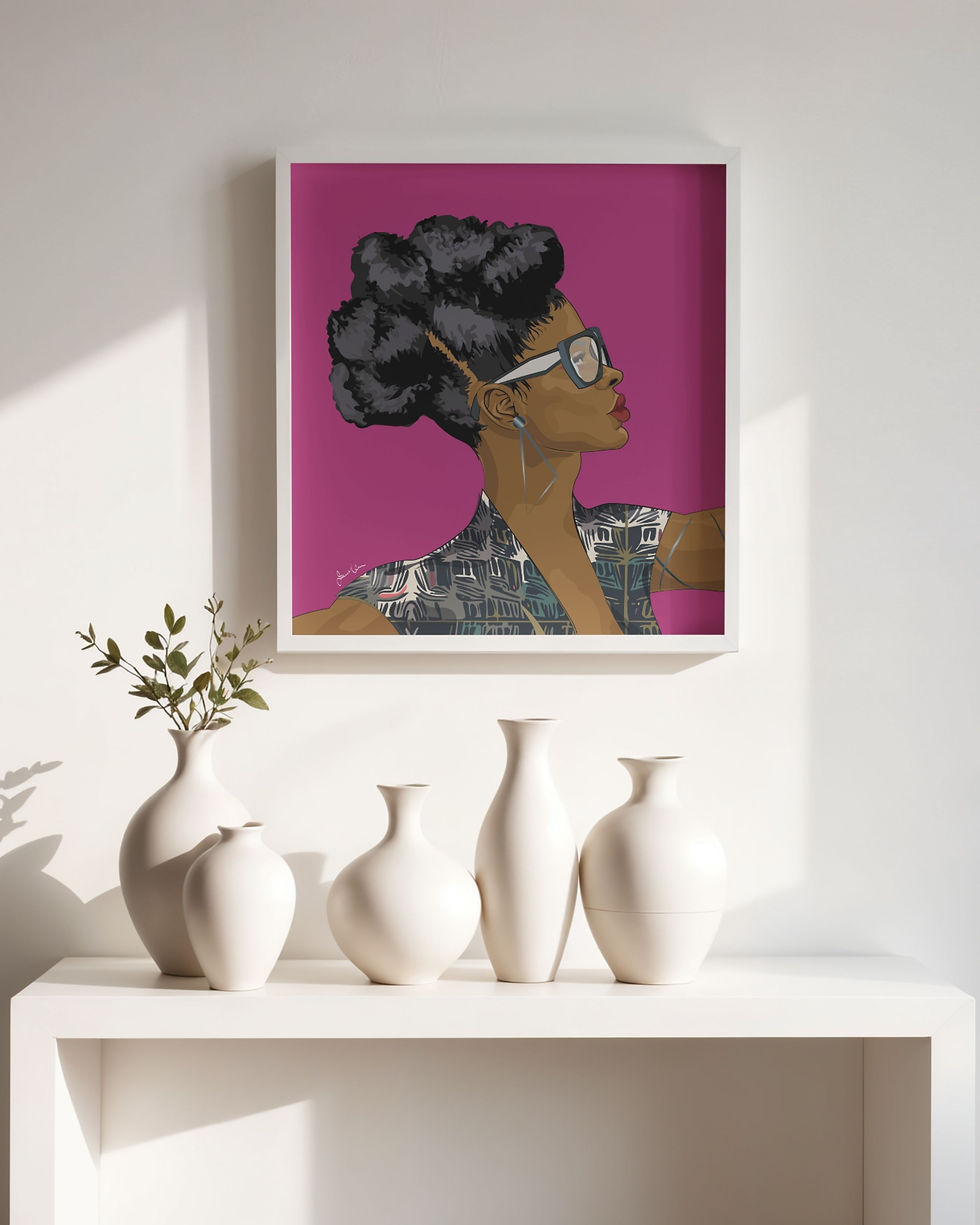 Lifted fashion art print mounted on a neutral wall.
