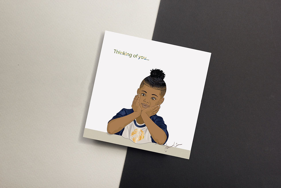 Greeting card sketch depicting lack boy sat behind a desk with his head resting on his hands looking thoughtfully at the viewer. Caption reads, "Thinking of you."