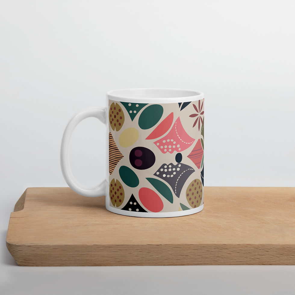 Mosaic Melody ceramic mug on wooden shelf