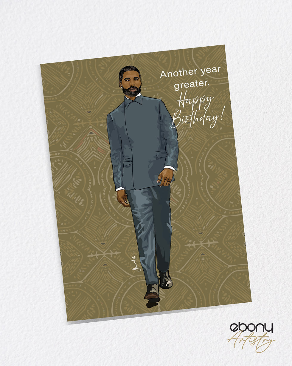Thumbnail: Birthday card featuring mature Black man walking forward confidently against olive green African print background.