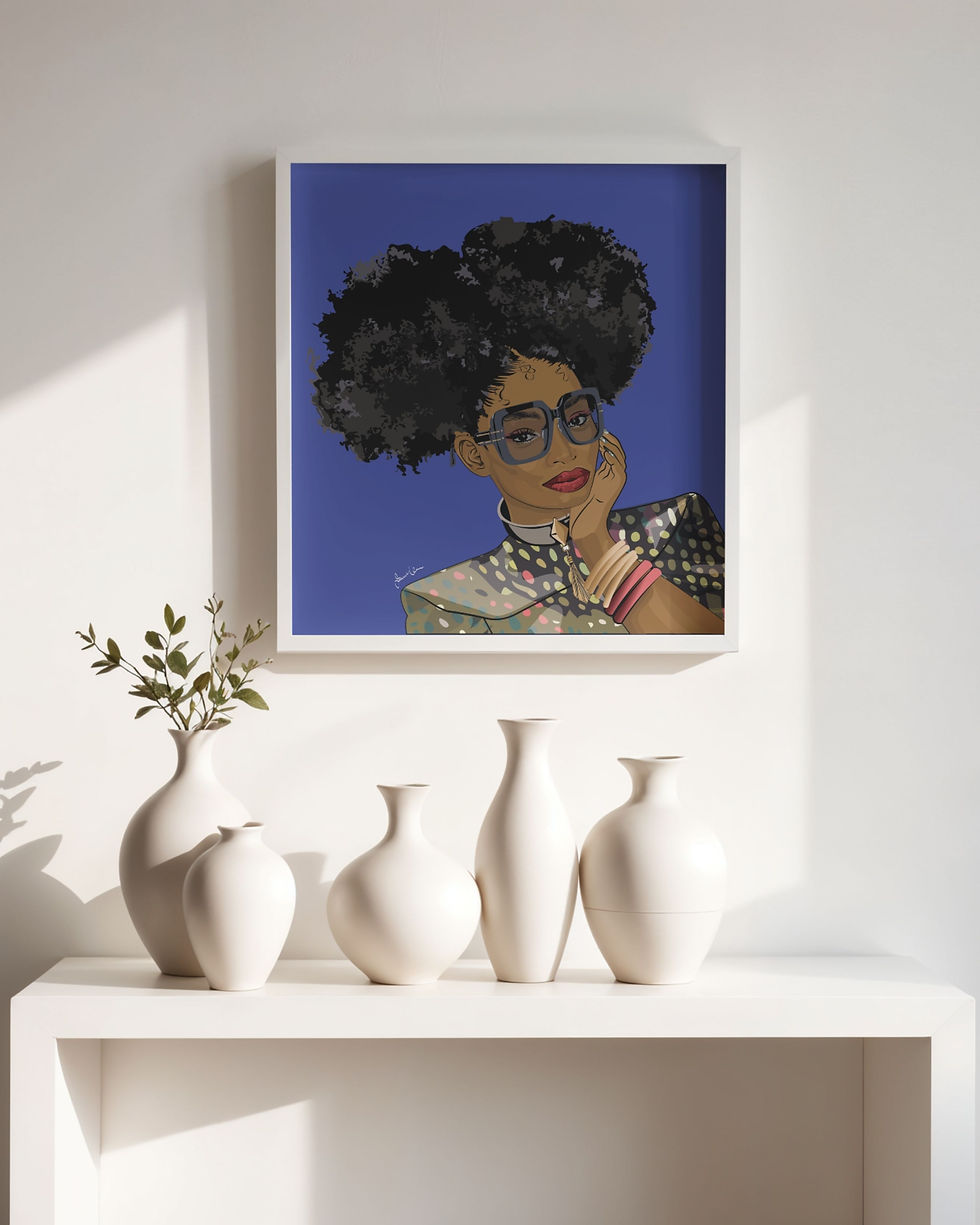 True Refulgence Reflect Black woman art print mounted on a plain wall.