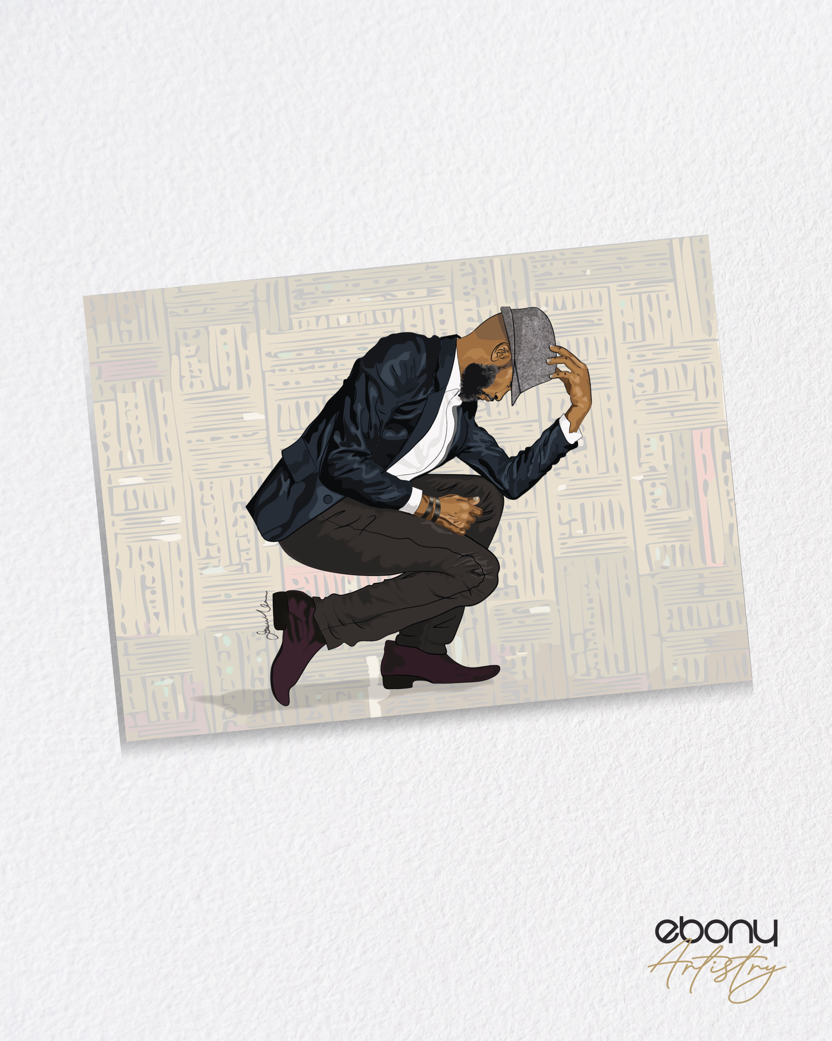 Respectful birthday card with a Black man kneeling in a suit, head bowed with trilby tipped low.
