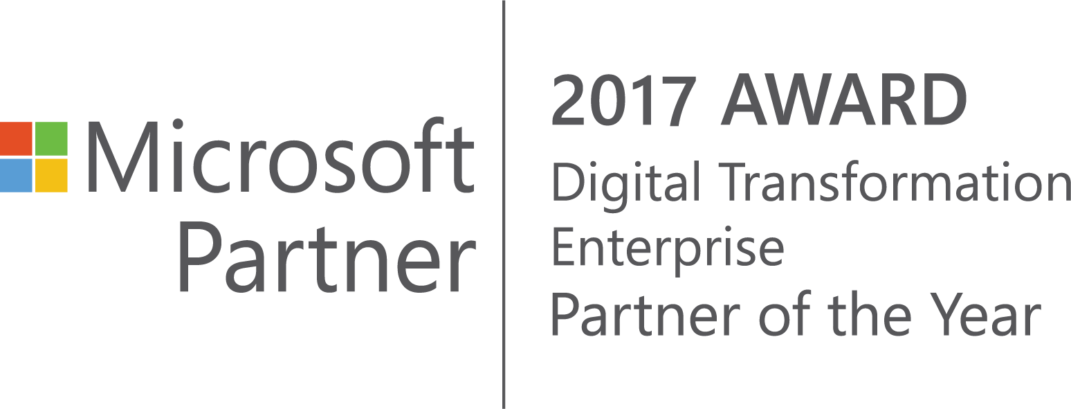 Microsoft Partner badge: 2017 Award, Digital Transformation Enterprise Partner of the Year