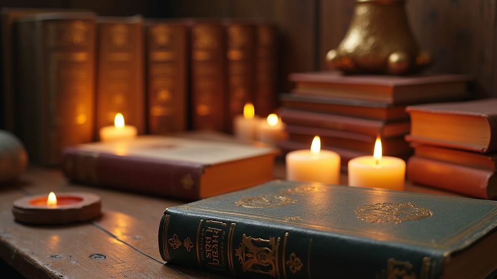 Close-up view of a diverse collection of spiritual books and candles