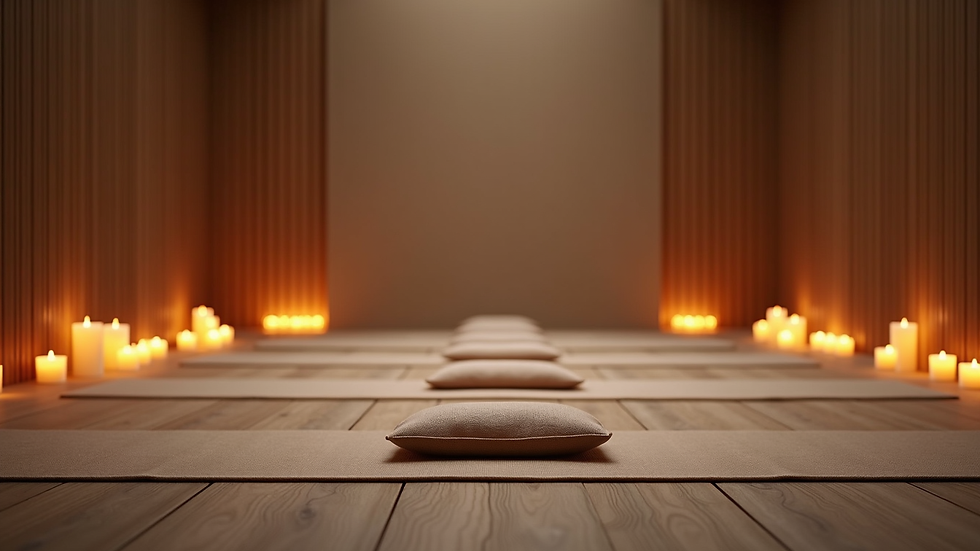 Eye-level view of a serene meditation space with candles and cushions