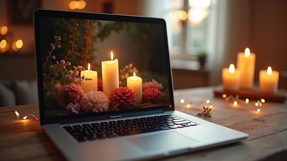 Close-up view of a laptop screen showing a virtual ceremony with candles and flowers
