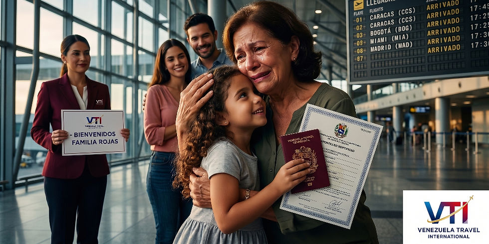 Cinematic high-definition photo of an emotional family reunion at a modern international airport arrivals terminal. A Venezuelan grandmother tearfully embraces her granddaughter (6) who holds a burgundy passport and an apostilled birth certificate. In the background, a VTI representative in a wine-red blazer holds a professional welcome sign next to an international flight board. Large glass windows show the airport tarmac during golden hour. VTI logo integrated.