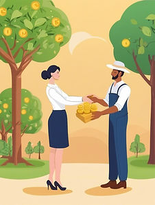 woman in suit giving money to a man farmer, trees.jpg