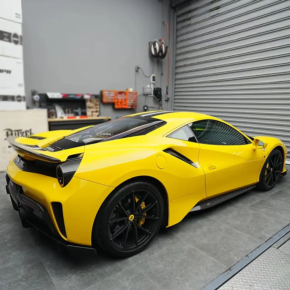 Miniature : Chevrolet Corvette wrapped in Paint Finish Modena Yellow Color PPF by Bespoke Wraps, rear three-quarter view