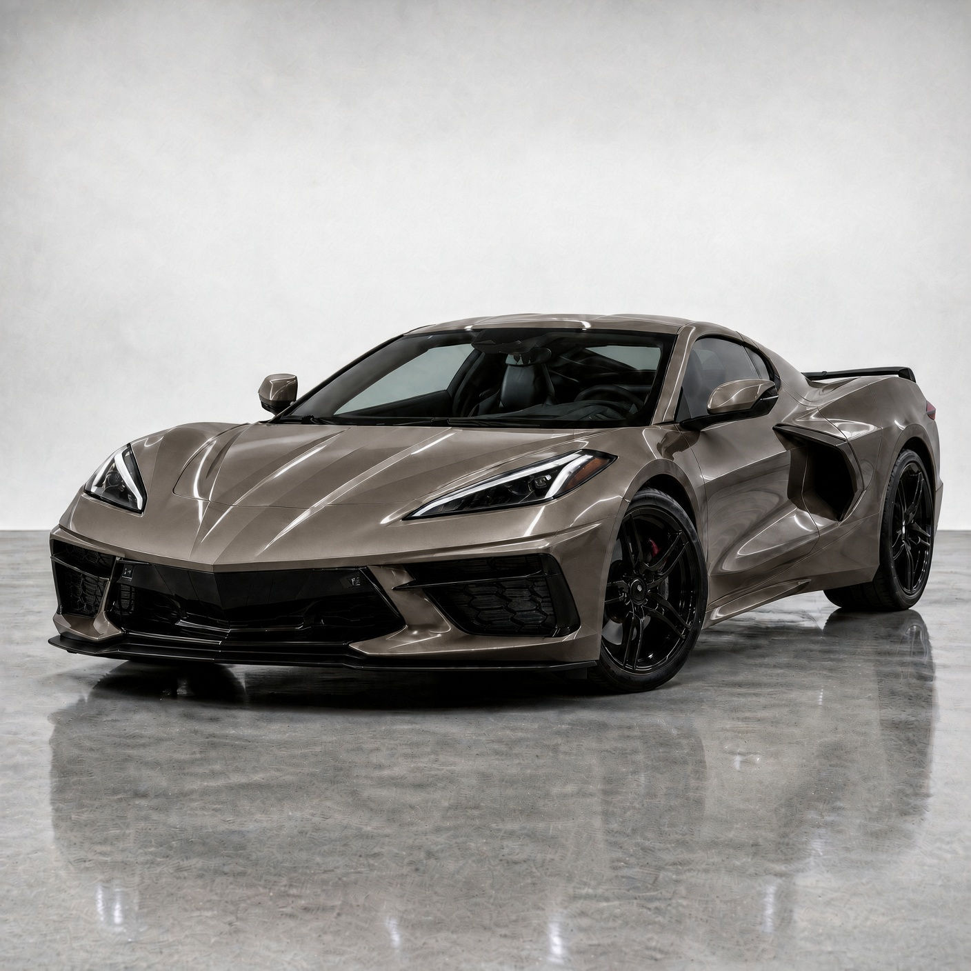 Liquid Metal Coffee Gray Color PPF applied to a Chevrolet Corvette, gloss metallic grey finish by Bespoke Wraps
