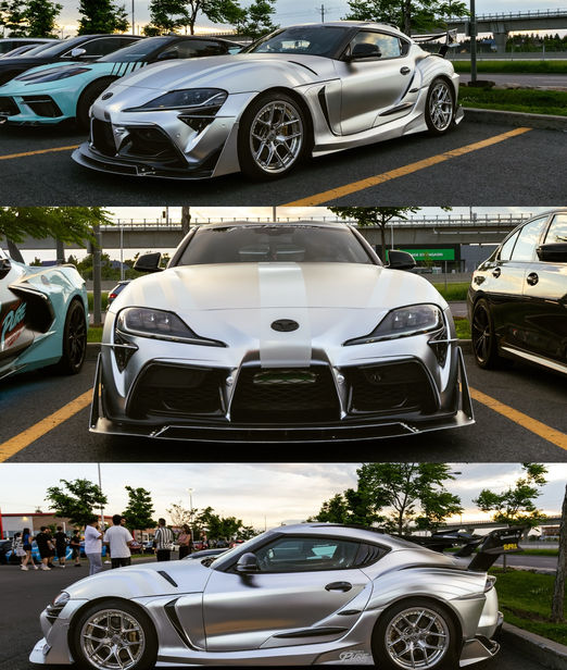 Toyota Supra Silver Chrome vinyl wrap installed by Pure Bespoke in Montreal with paint preparation and ceramic coating.
