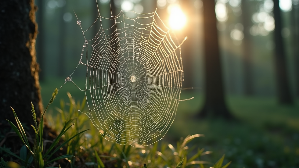 Close-up view of a dew-covered spider web in a forest