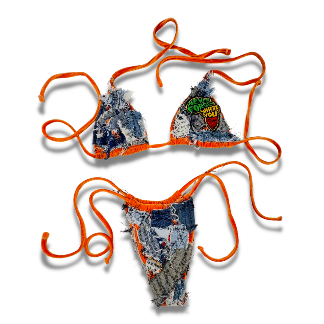 DON'T STRESS, DISTRESS ORANGE & BLUE DENIM BIKINI