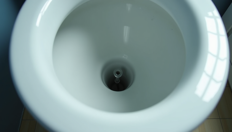 Eye-level view of a toilet auger tool inserted into a toilet bowl