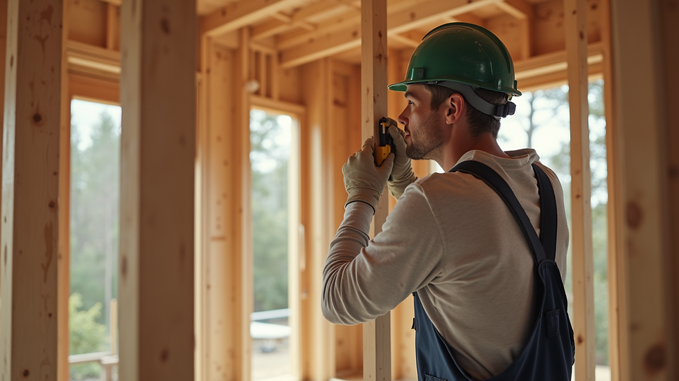 Close-up view of a carpenter installing wooden framing inside a house