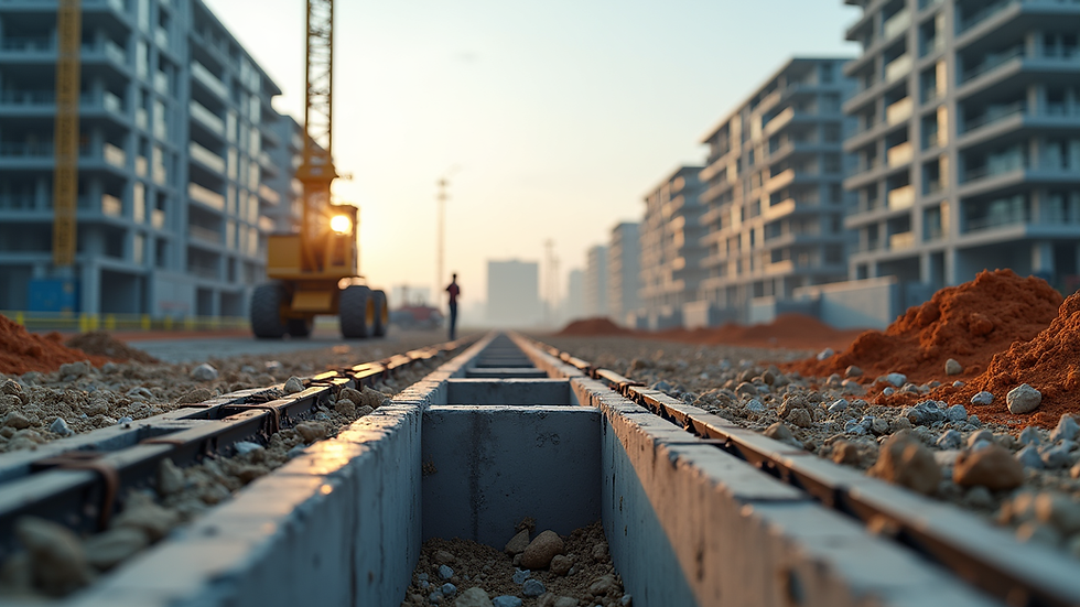 Eye-level view of construction site with foundation work in progress