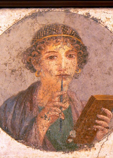 Fresco from Pompeii woman looking thoughtful about to make notes