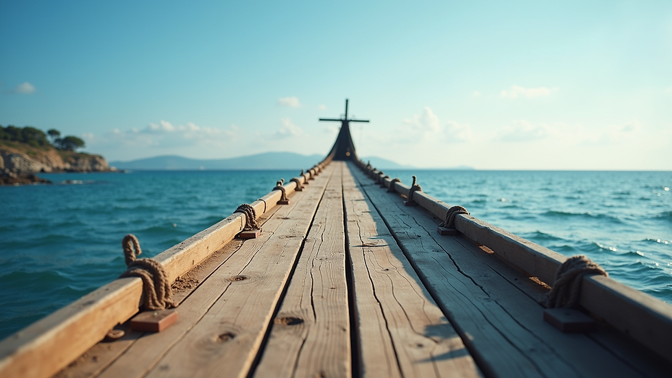 Eye-level view of a traditional wooden trabucco extending over the sea
