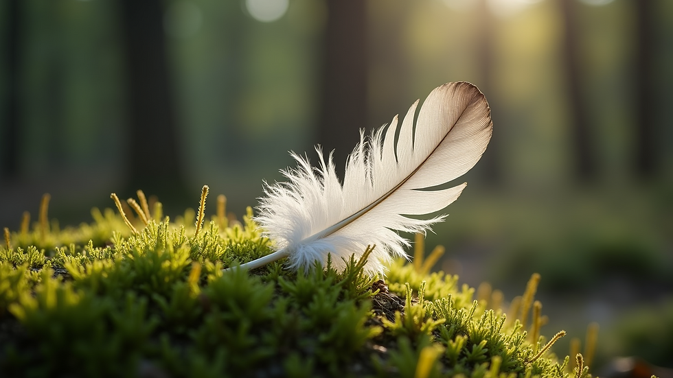 Close-up view of a white feather resting on soft moss in a forest