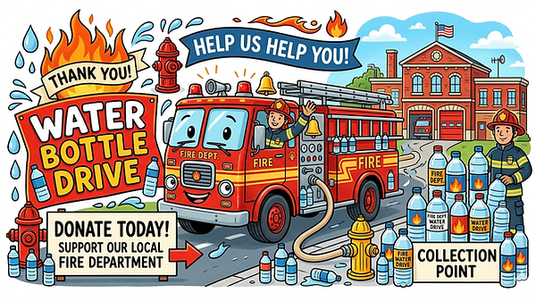 This is an image of a fire truck and various text asking for water donations