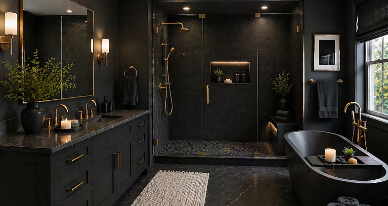 Dark modern bathroom with bold moody tones, black finishes, and luxury design.