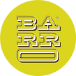 Logo redondo Barro, fondo amarillo, letras blancas.
