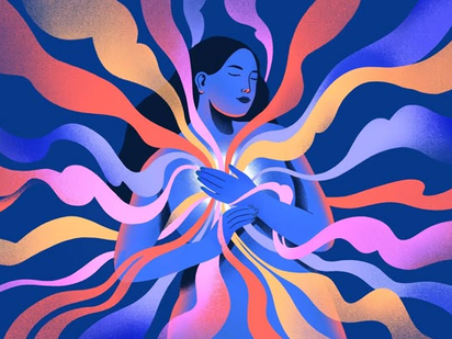 Ilustração de uma mulher com olhos fechados, as mãos no coração e feição tranquila. O fundo e a mulher são azuis. Fo coração da mulher saem ondas coloridas.