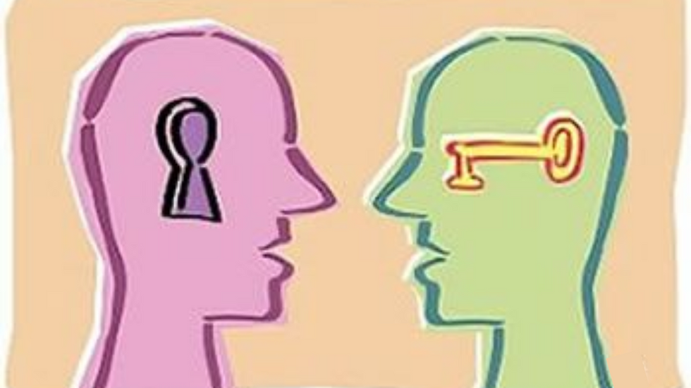 Arte de duas pessoas tendo uma conversa assertiva. A esquerda, uma figura cor de rosa com uma fechadura na cabeça. Na direita,uma figura verde com uma chave na cabeça.