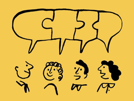 Desenhos de pessoas dialogando. Seus balões de fala se complementam formando um quebra-cabeça. O desenho representa os efeitos do uso da Comunicação Não Violenta (CNV).